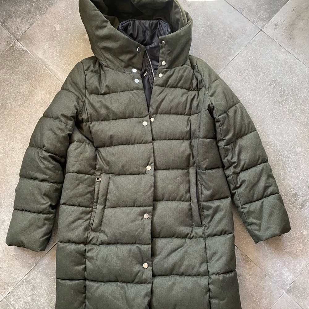 Mango Dark Olive Quilted Long Puffer Jacket with Hood